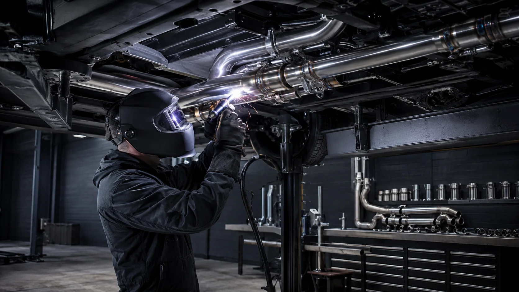 Technician fabricating a stainless performance exhaust in a professional workshop