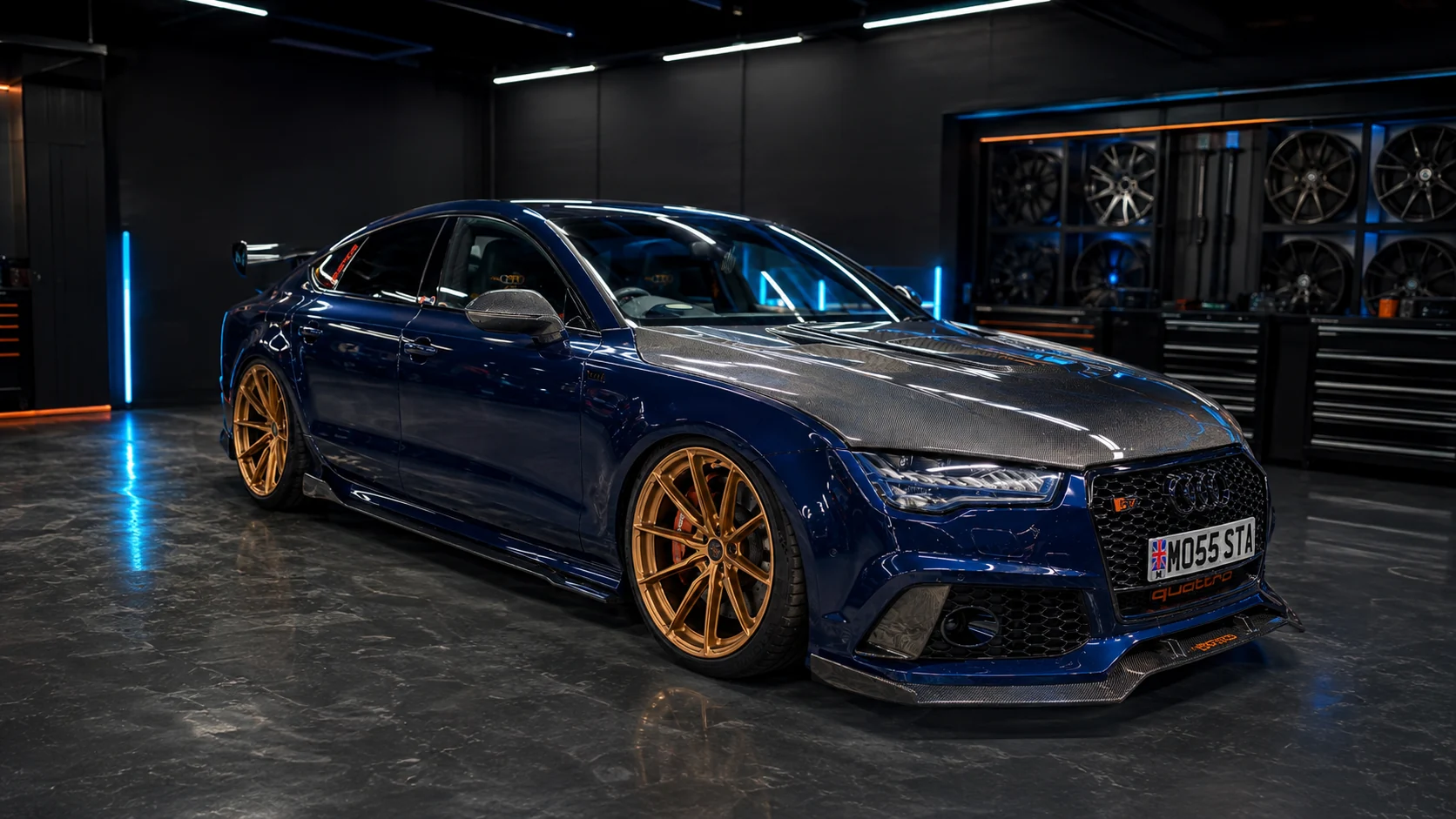 Cinematic front three-quarter view of the current blue Torque Monsta S7 with bronze wheels
