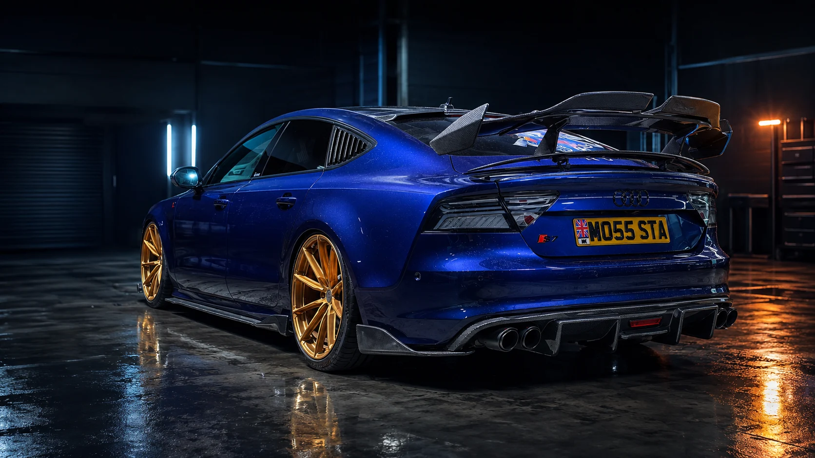 Low rear three-quarter view of the Torque Monsta S7 with its large carbon split wing