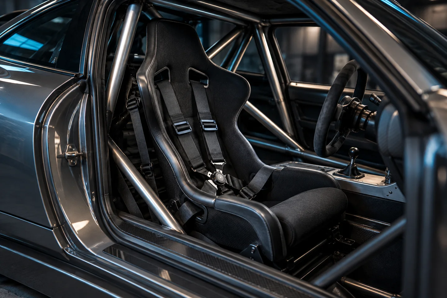 AI illustration of a motorsport bucket seat, harness and roll cage